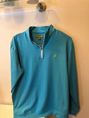 Peter Millar Perth Performance Melange Quarter-Zip Pullover Teal Squirrel Logo